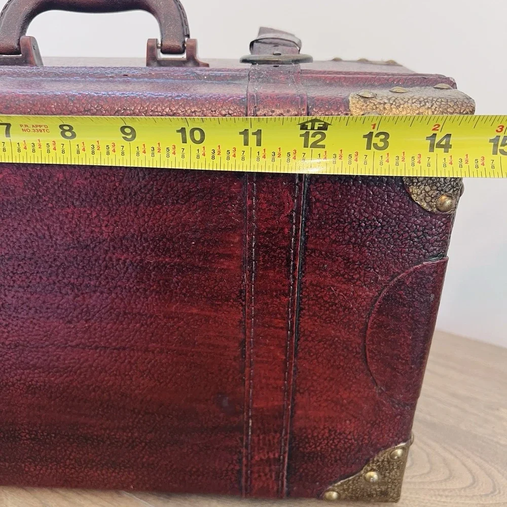 Vintage 90s Burgundy Faux Leather Decorative Trunk Storage Chest Brass Accents